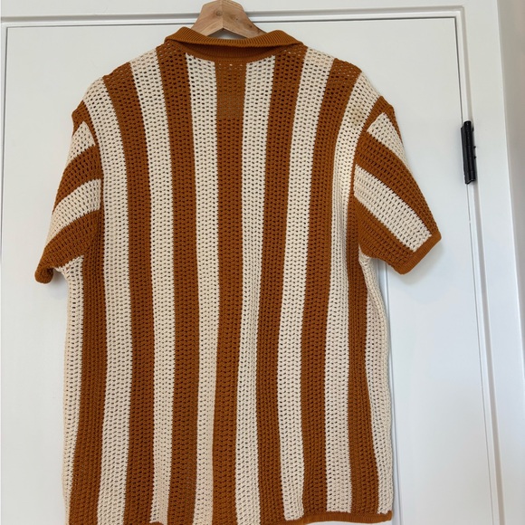 Dandy Del Mar Crochet Knit Polo Shirt Ochre Cream Stripe Cotton Resort Large - Picture 3 of 8